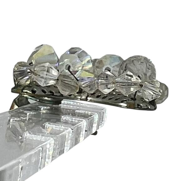 Vintage Aurora Borealis Crystal Clip-On Earring - Silver Metal Single Statement - Picture 6 of 8